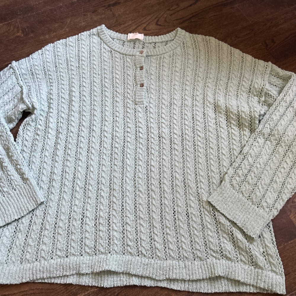 Heyson Plus Oversized Womens 2XL Sweater Blue Green Eyelet Knit Pullover‎